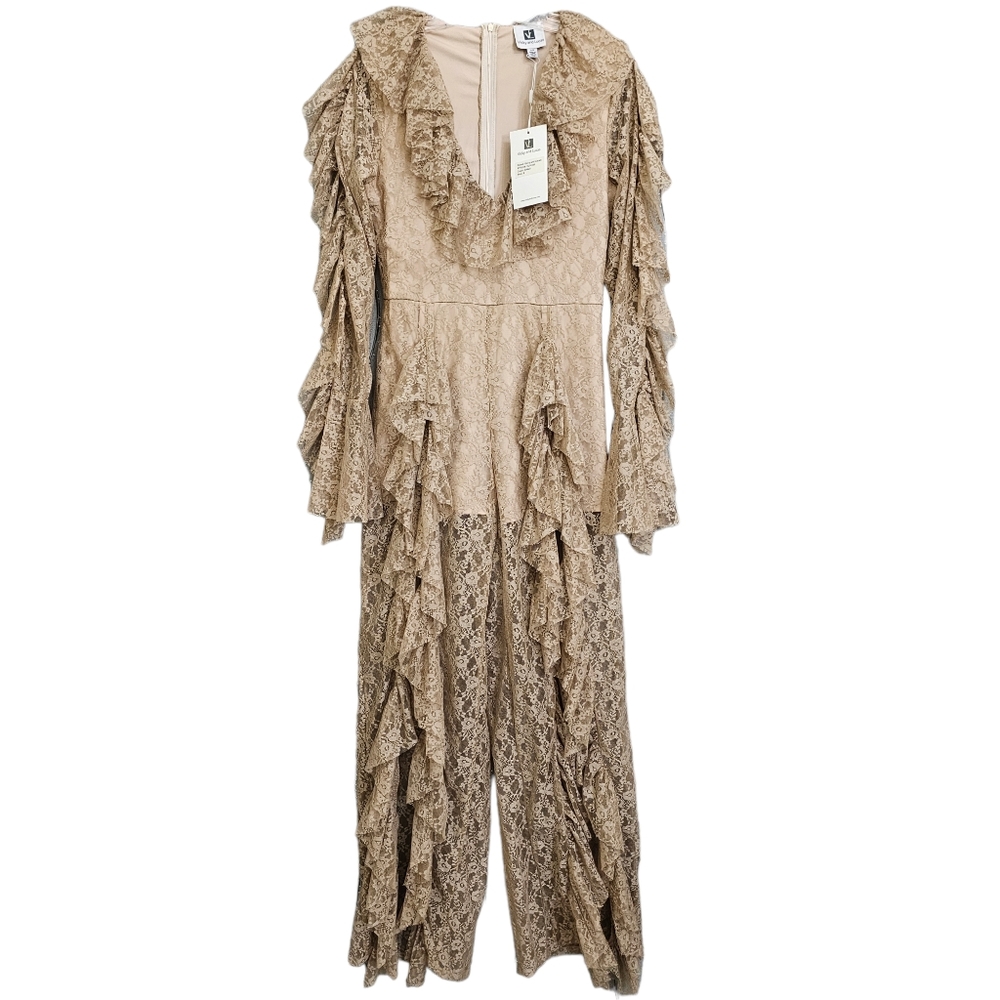 Vicky and Lucas Nwt Khaki Ls Deep V Neck Ruffle Floral Lace High Slit Jumpsuit